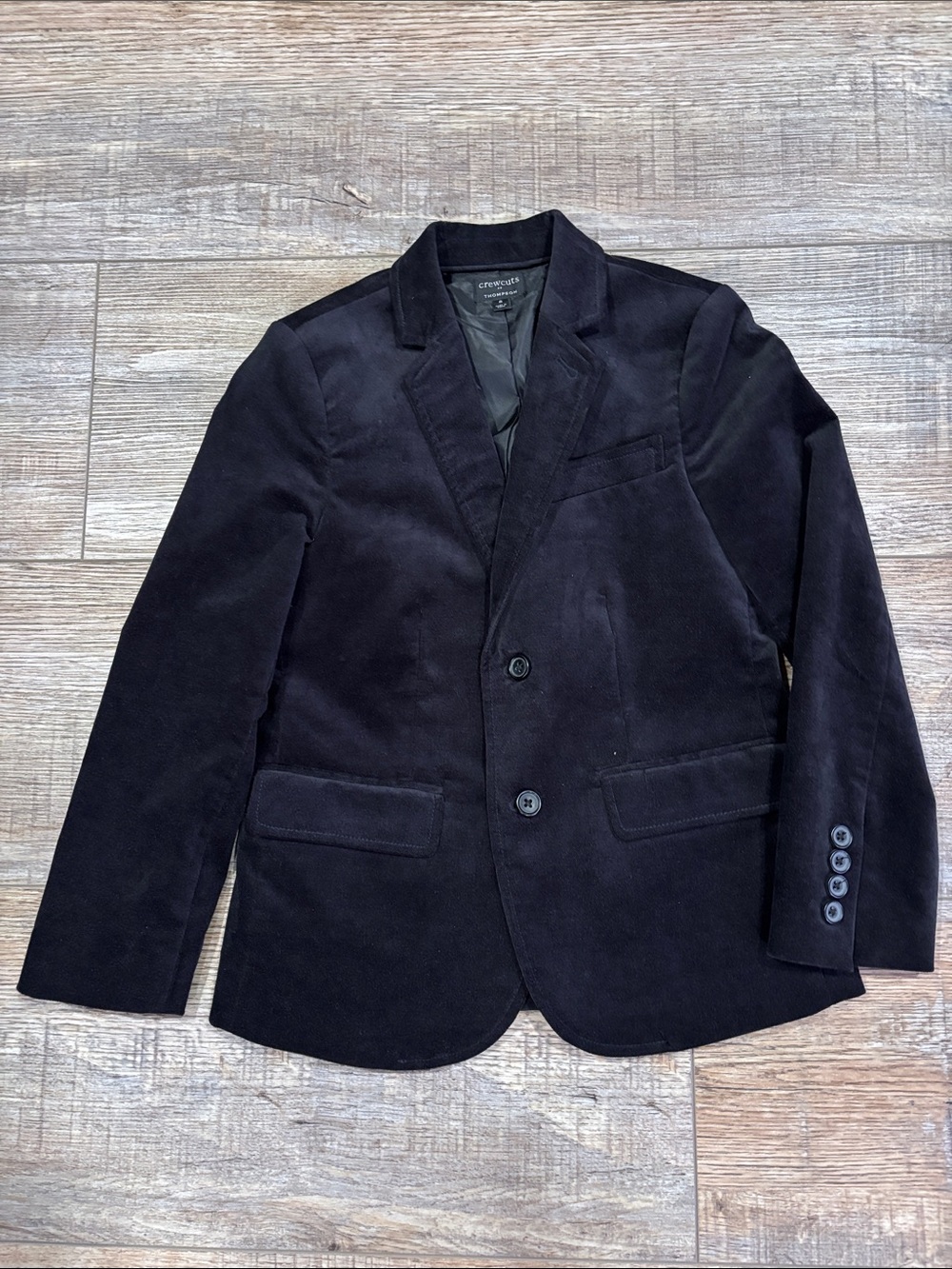 Boys Crewcuts Thompson blazer, black. Size 8, soft crushed velvet look.